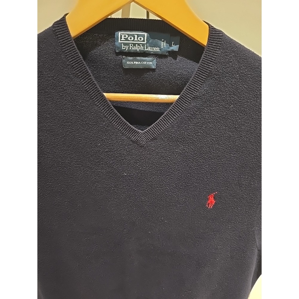 Polo Ralph Lauren Navy Blue 100% Pima Cotton V-Neck Sweater Vest Mens Large L